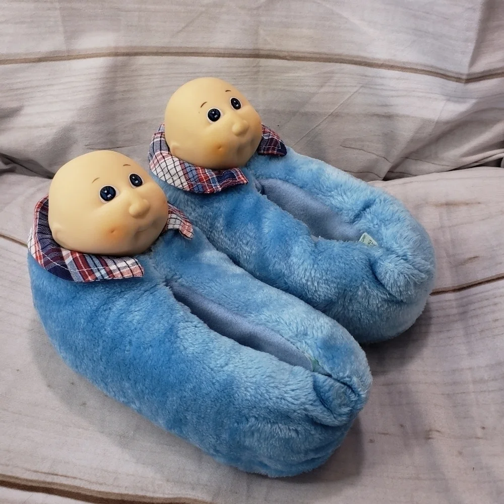 Cabbage Patch Kids Blue Plush Slippers Boy Head 1984 Youth 13 Slip On Bootie
